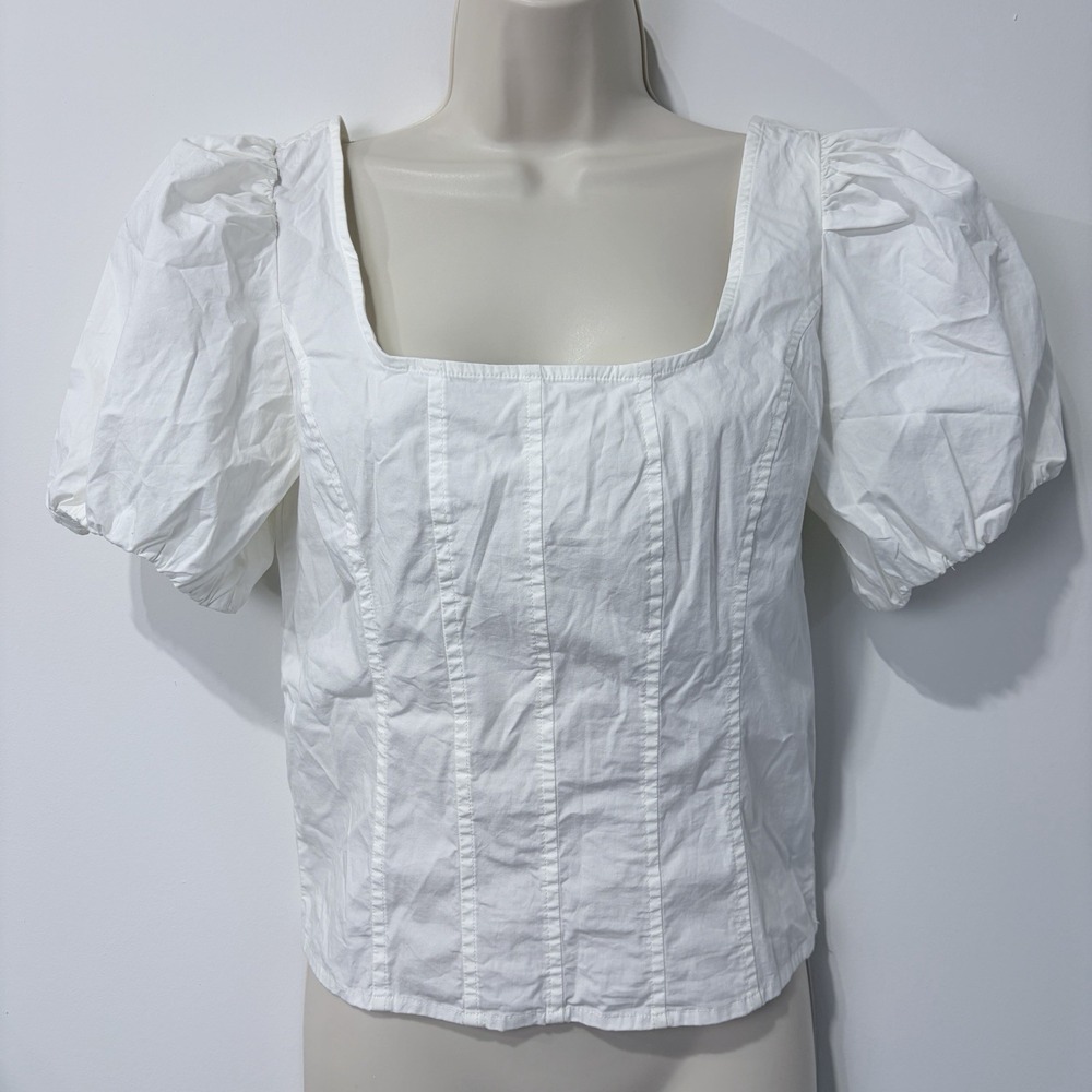 J. Crew Puff Sleeve Squareneck Top Cotton Poplin White Sz 4 Peasant Cottage
